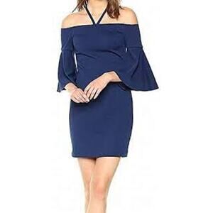 Trina Turk Shell Beach Dress Off The Shoulder Halter Blue Bell Sleeves 2